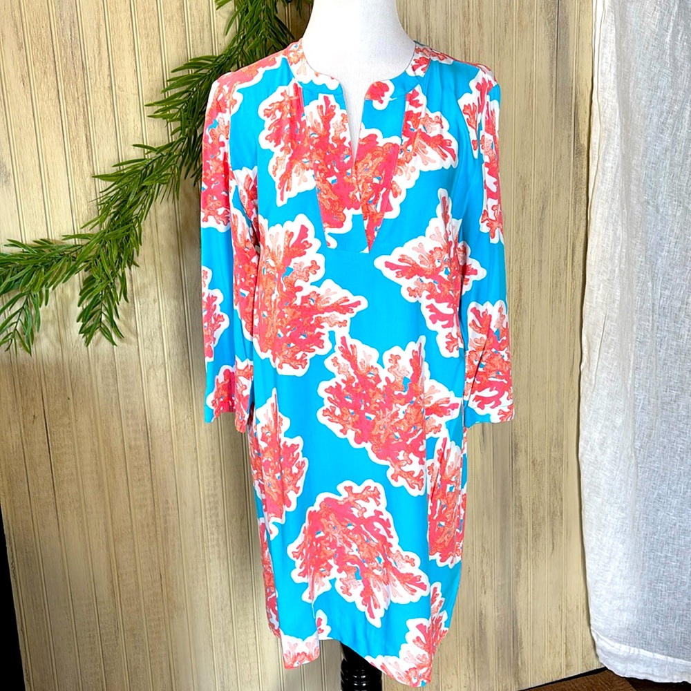 Crown & Ivy Coral & Blue Shift Dress, 3/4 Sleeves, 12P, NWOT, Lightweight Rayon